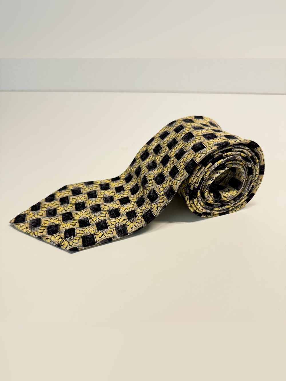 ERMENEGILDO ZENGA Yellow Black Floral Print Necktie Made In Italy